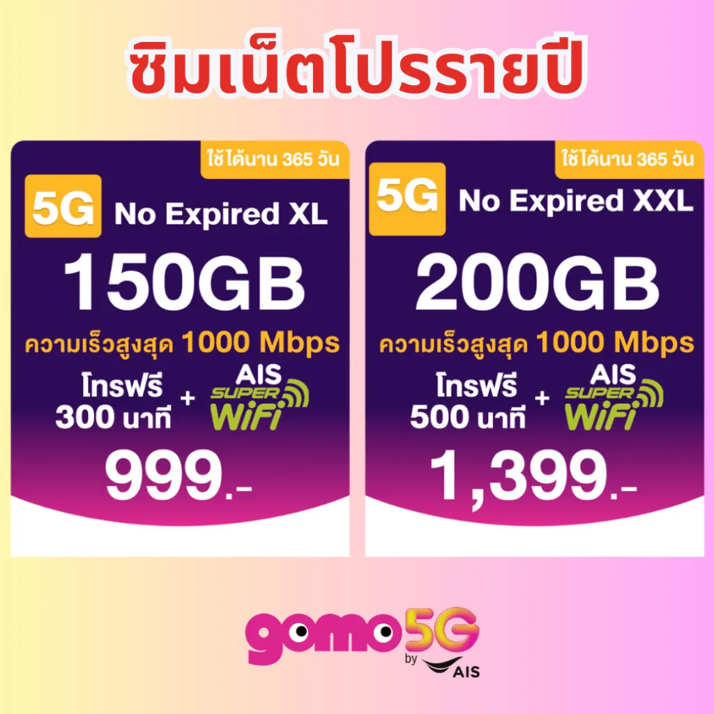 ซิมรายปี GOMO by AIS เน็ตเยอะแรง + โทรฟรี ซิมเดียวเที่ยวทั่วโลก