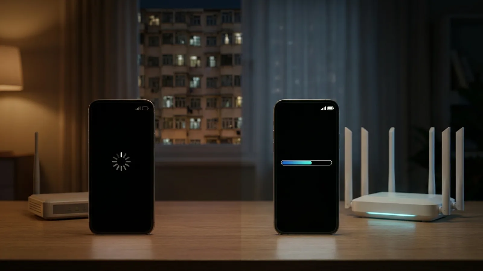สมาร์ทโฟนวางบนโต๊ะไม้ใกล้เราเตอร์อินเทอร์เน็ตในห้องที่มีแสงไฟอบอุ่นยามค่ำคืน สื่อถึงการแก้ปัญหาเน็ตมือถือ AIS