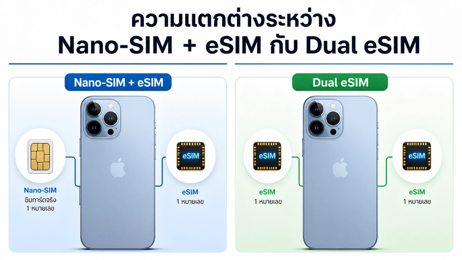 สรุปประเด็น ความแตกต่างระหว่าง Nano-SIM + eSIM กับ Dual eSIM ในบทความ ไขข้อสงสัยสาวกแอปเปิล iPhone รุ่นไหนใช้ eSIM
