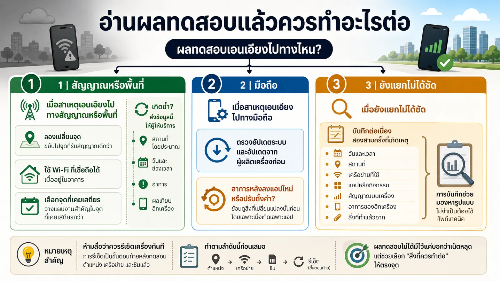 สรุปประเด็น อ่านผลทดสอบแล้วควรทำอะไรต่อ ในบทความ เน็ตมือถือหลุดบ่อย เดี๋ยวมาเดี๋ยวหาย เกิดจากสัญญาณหรือมือถือ?