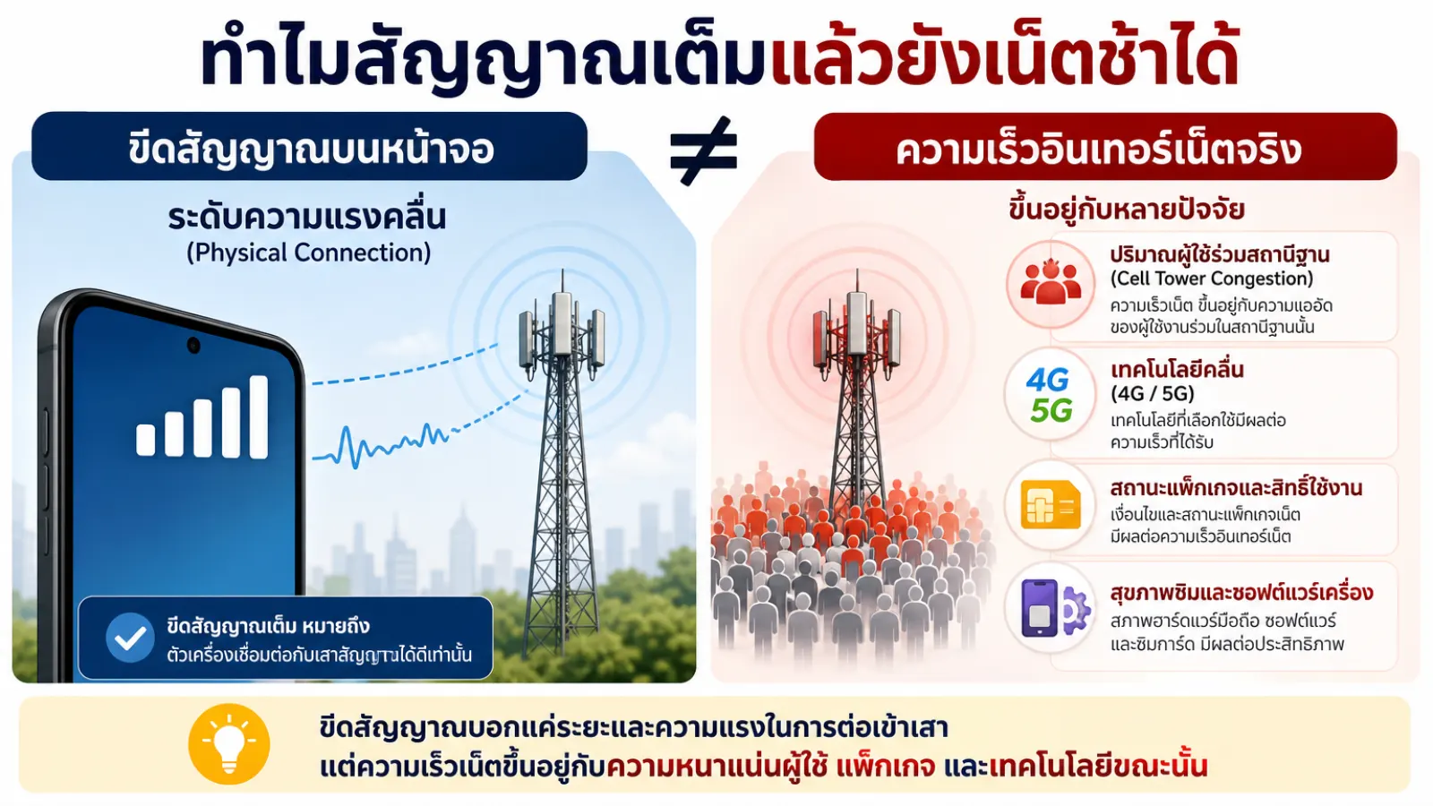 สรุปประเด็น ทำไมสัญญาณเต็มแล้วยังเน็ตช้าได้ ในบทความ เน็ตมือถือช้า ทั้งที่สัญญาณเต็ม เกิดจากอะไร? เช็ก 8 จุดก่อนคิดว่าเป็นที่