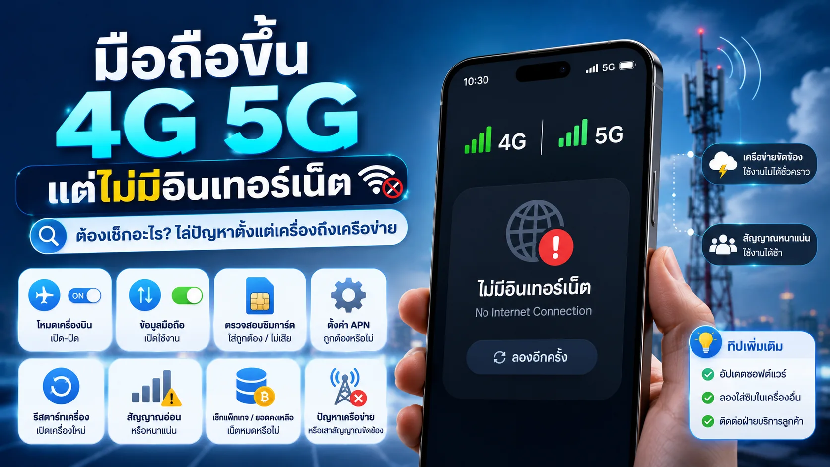 มือถือขึ้น 4G 5G แต่ไม่มีอินเทอร์เน็ต ต้องเช็กอะไร? ไล่ปัญหาตั้งแต่เครื่องถึงเครือข่าย