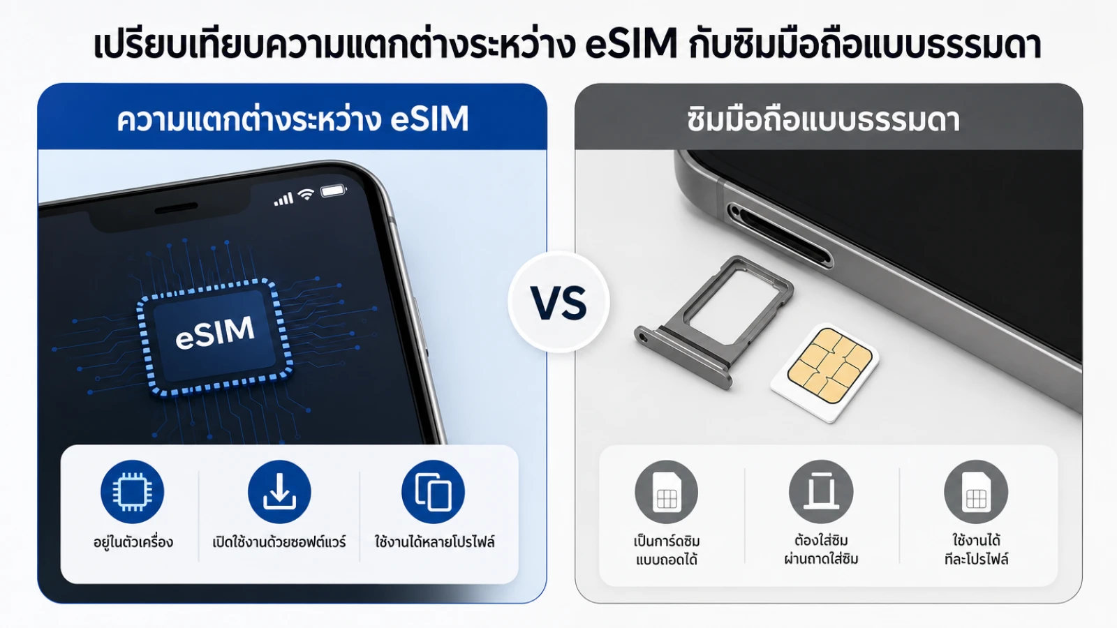 สรุปประเด็น เปรียบเทียบความแตกต่างระหว่าง eSIM กับซิมมือถือแบบธรรมดา ในบทความ eSIM คืออะไร ต่างกันอย่างไรกับ