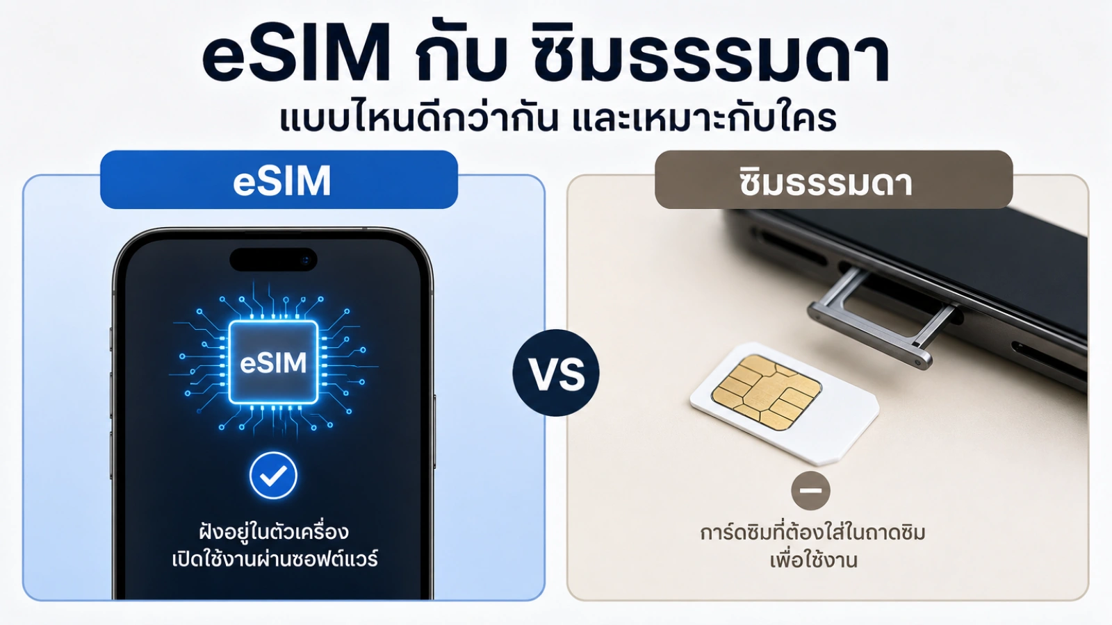 สรุปประเด็น eSIM กับ ซิมธรรมดา แบบไหนดีกว่ากัน และเหมาะกับใคร ในบทความ eSIM คืออะไร ต่างกันอย่างไรกับ ซิมมือถือแบบธรรมดา