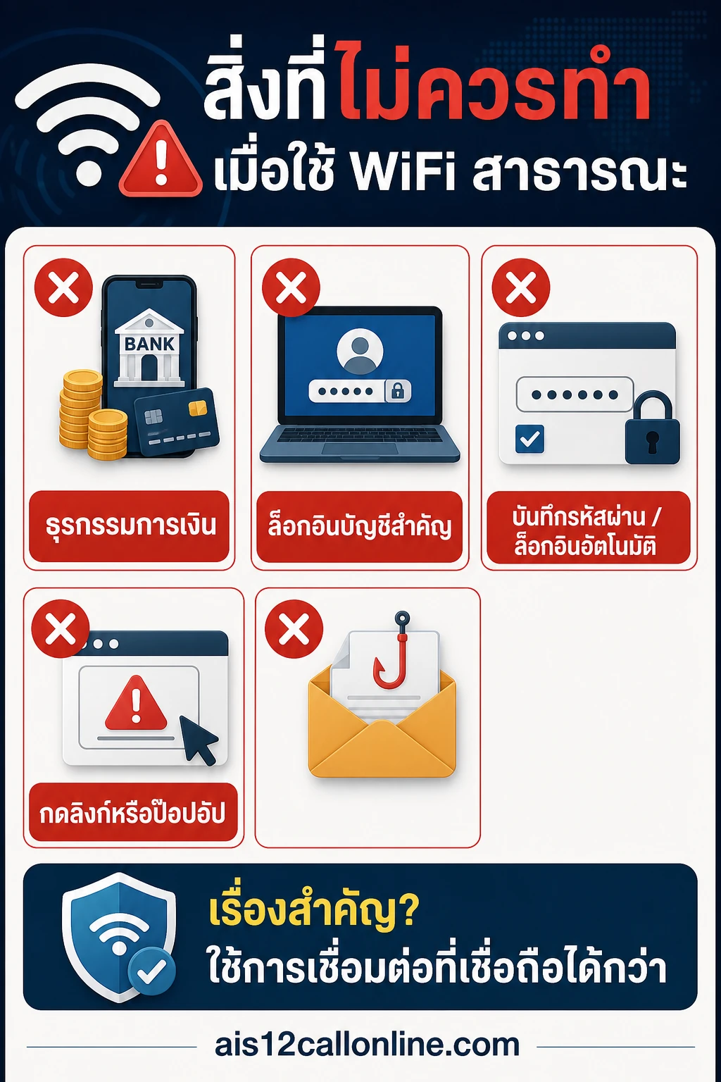 กริด 2×3 ของการ์ดคำเตือน แต่ละการ์ดมีไอคอนกิจกรรมที่ต้องเลี่ยง ชื่อกิจกรรมสั้น สิ่งที่ไม่ควรทำเมื่อใช้ WiFi