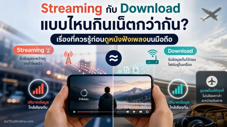Streaming กับ Download แสดง สมาร์ตโฟนที่กำลังเล่นวิดีโอหรือสื่อบันเทิงแบบไม่ระบุแอป
