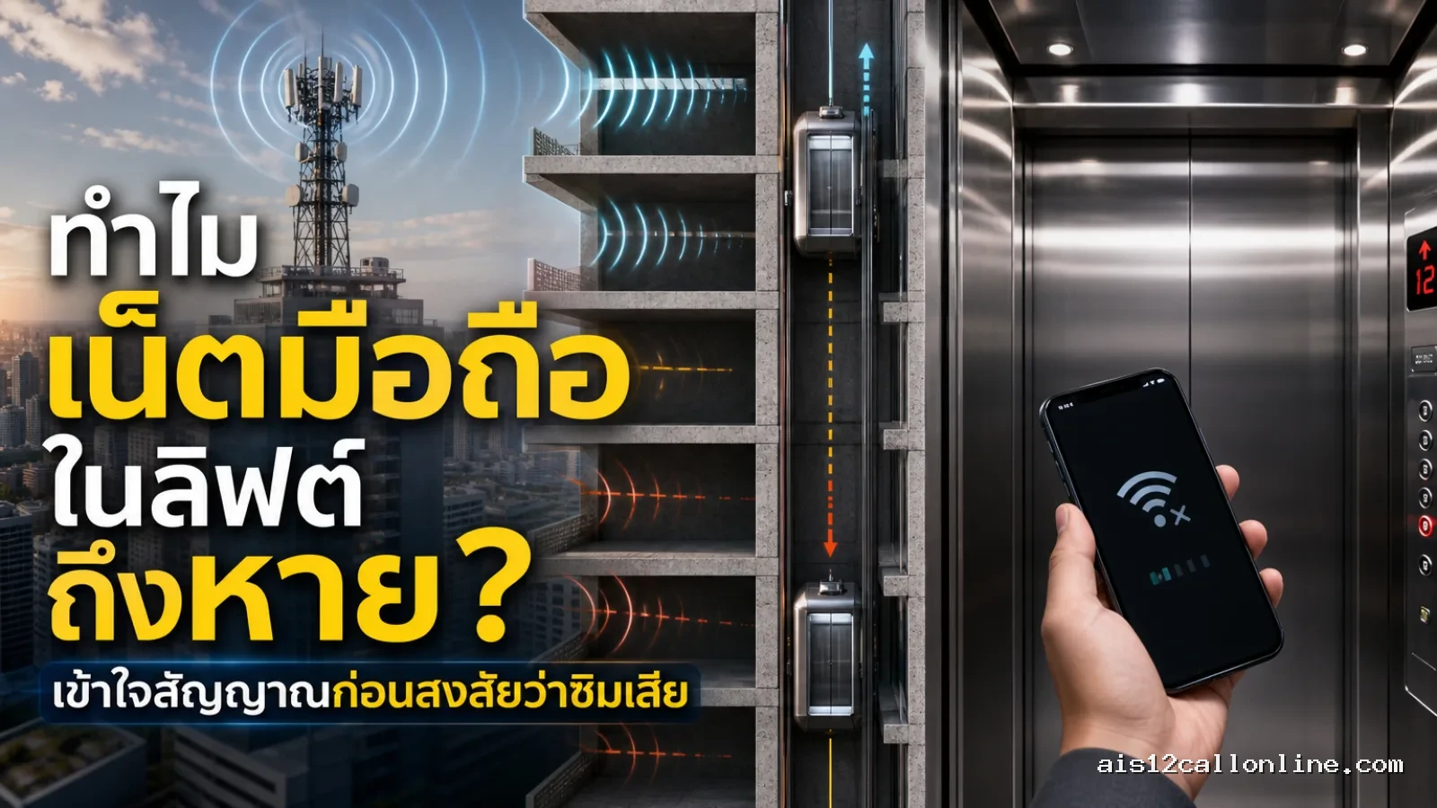 เน็ตมือถือในลิฟต์ แสดง ตู้ลิฟต์/ประตูลิฟต์ที่สื่อถึงสภาพแวดล้อมโลหะและแกนอาคาร