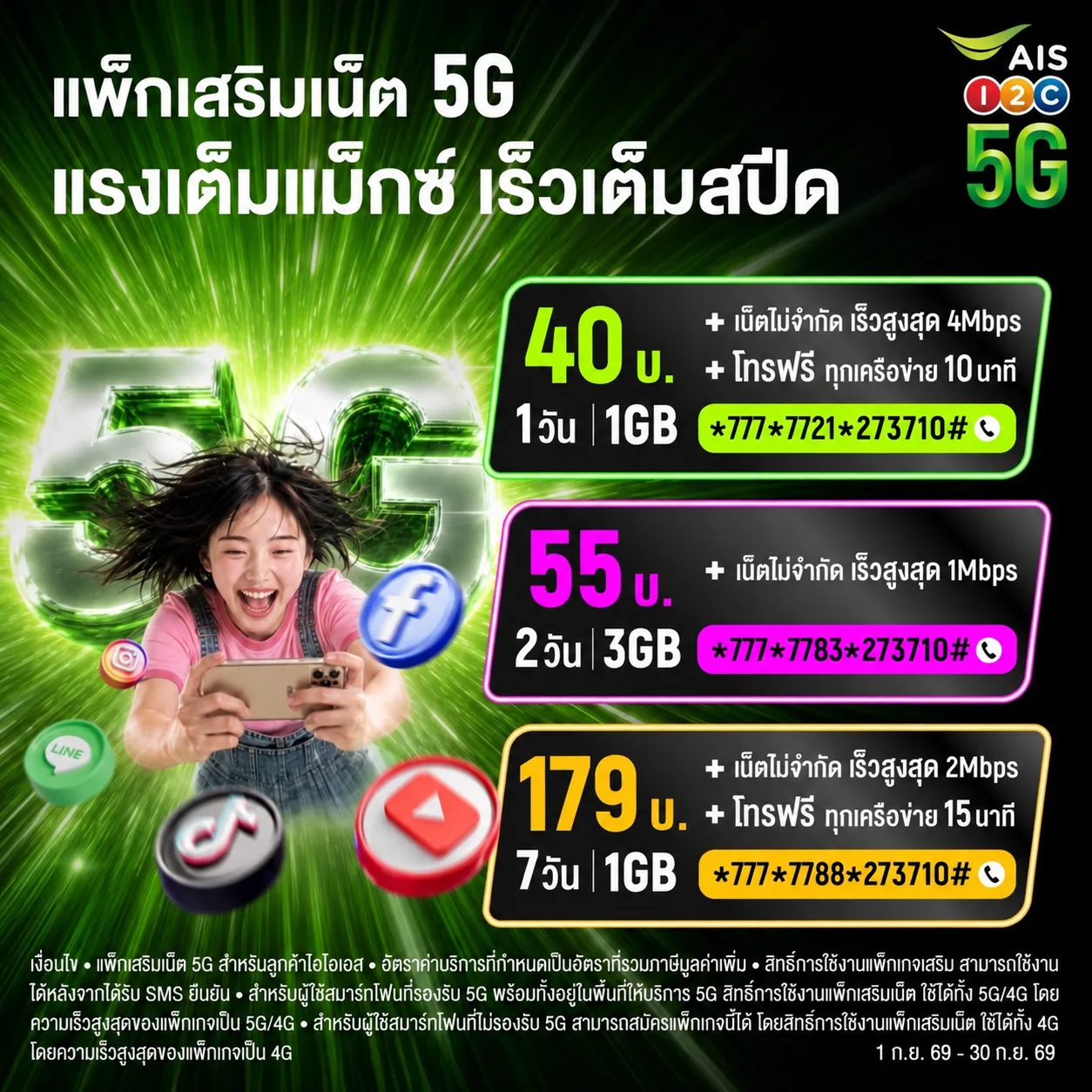แพ็กเสริม AIS 5G ราคา 40 55 และ 179 บาท